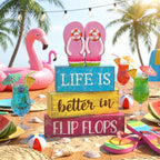 Yuntau 4 Pcs Summer Decorations for Office Hawaii Table Decorations Wooden Sign Flip Flops Table Centerpiece Summer Tiered Tray Decor Decorative Faux Book Stack Block for Coffee Mantel Floating Shelf - style: Pink Flip Flops
