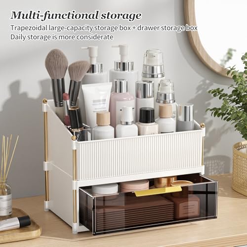 INVSSENE Stackable Makeup Organizer Countertop, Storage Perfume Skincare Cosmetic Lipstick Face Mask Makeup Brush Palettes, Ideal for Vanity Bathroom Counter - color: 3514 White+Coffee