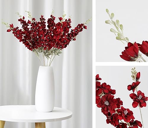 8pcs Red Delphinium Artificial Flowers 33.5in Long Stem Larkspur Fake Silk Flowers for Tall Vase Faux Flowers for Home Wedding Baby Shower Floral Arrangement Centerpiece Table Decor (Dark Red) - color: Red