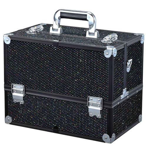 Joligrace Makeup Train Case Large 6 Tray Professional Organizer Box - Cosmetic Make Up Carrier with Lock & Key Carrying Strap for Studio Artist & Stylist Black Rhinestone - color: Black Grid