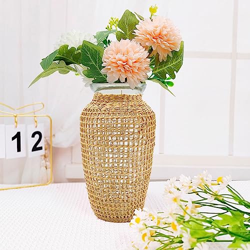 MDEOOSKY Straw Woven Glass Vase 7.9''x2.36''x3.5''Boho Glass Flower Vase Country Rustic Style Vase Glass Vase for Floral Arrangements Bottle Height (A Style 7.9IN) - size: 7.9IN