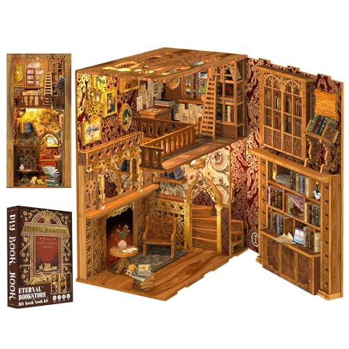 Cutefun Book Nook Kit Library, DIY Miniature Booknook Kit for Adults, 3D Wooden Puzzle Bookend Bookshelf Decor with LED Light & Dust Cover Christmas Crafts Gifts for Book Lovers (Eternal Bookstore) - style: Eternal Bookstore