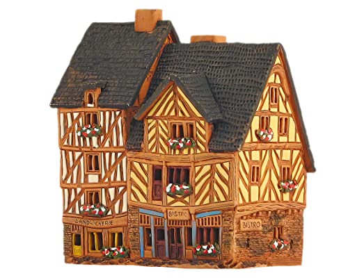 Ceramic Art Handmade Tealight Candle Holder Room Decoration Handcrafted Collectible Miniature Aroma Light House Traditional Half-Timbered Houses in The Old Town of Rennes, France B299AR*