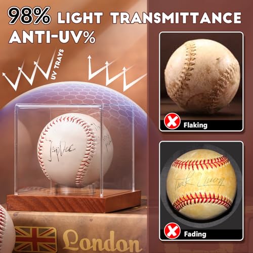 JupDec Baseball Display Case, Clear Cube Baseball Holder with Wooden Base, Autograph Baseball Stand Box for Single Ball, Acacia Wood, Brown, 2 Pack - size: 2 Pack