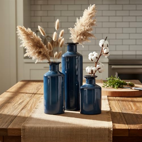 Mowtanco Blue Ceramic Vase Set of 3 Small Vases, Modern Farmhouse for Home Decor Bottles, Rustic Terracotta Vase Decorative Vases for Table,Fireplaces Decor, Bookshelf, Living Room