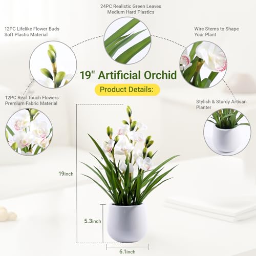 Artificial Orchid Flowers Fake Cymbidium Plant in Pot, 19" Tall Faux Orchids for Home Decor Indoor, Lifelike Silk Flowers for Centerpieces Office Arrangement-White