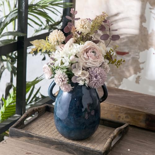 Blue Ceramic Vase with 2 Handles for Modern Farmhouse Home Decor, Vintage Rustic Decorative Vases, Small Vase for Fresh and Dried Flowers, Centerpiece Table Decorations, 7 Inch - color: 1 Blue Handles