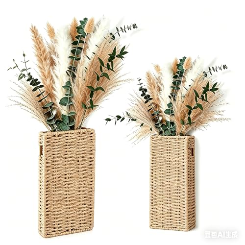2 Pack Wall Woven Vases with Pampas Grass – Boho Decor for Living Room, Modern Farmhouse Entryway or Bathroom, Rustic Art for Home Decoration - style: Wall Decor-Woven