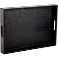 Lyellfe Black Serving Tray with Handles, Decorative Ottoman Tray in Alligator Faux Leather, 17x12 Inch Rectangular for Coffee Table, Living Room, Bed or Dressing Table