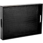 Lyellfe Black Serving Tray with Handles, Decorative Ottoman Tray in Alligator Faux Leather, 17x12 Inch Rectangular for Coffee Table, Living Room, Bed or Dressing Table