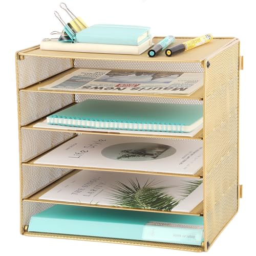 EASEPRES 5 Slot Mesh Desk Organizer Tray, File Paper Letter Folder Holder Desktop Paper Sorter Mail Organization Rack Storage Accessories, for Office Home School Classroom, Gold - color: 5 Tier Gold