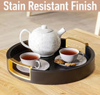 Round Decorative Tray - 12 Inch Round Black Tray with Gold Metal Handles - Stain Resistant Serving Trays for Decor - Decorative Trays for Coffee Table, Ottoman, Bar, Vanity, Kitchen, Bedroom & More