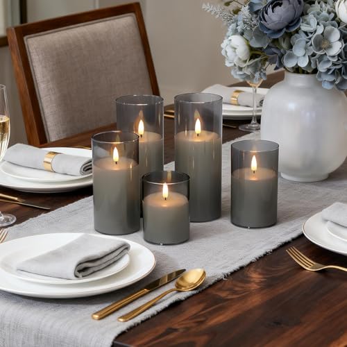 Rechargeable Flameless Candles, Realistic Flickering LED Flame,Real Wax Candle with Remote Control and Timer, Clear Glass Electronic Candles, 1 Set of 5（Gray） - color: Gray-Droplet 5Pcs