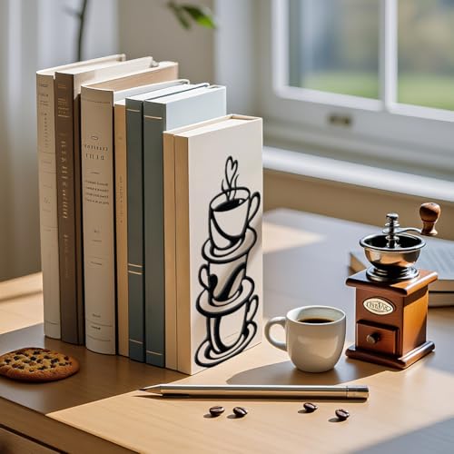 WADORN 1 Pair Coffee Cup Metal Decorative Bookend for Shelves, Heavy Duty Book Ends Non-Skid Books Holder Stand Black Book Support Stopper for Coffee Books Desk Bookshelf Office Home, 5.3x4.3x7.9 Inch - color: Coffee Cup