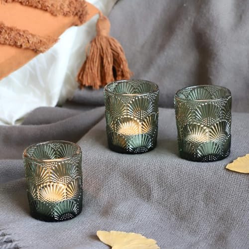 Woho Green Votive Candle Holders Set of 12, Green Glass Tealight Candle Holder for Wedding Party Table Centerpiece, Tea Lights Candle Holder Vintage for Fall Thanksgiving Christmas Decor - color: Green