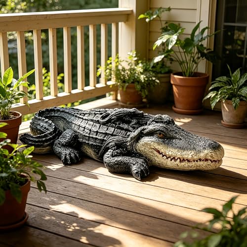 Teaeeno Garden Alligator Decor Outdoor,Crocodile Sculpture for Stuff Pond Decor,Florida Alligator Sculpture for Yard Art,Realistic Wild Animal,Reptile Figure,Florida Alligator,Perfect for Man(Black) - color: Gray