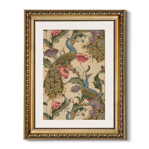 Golden Framed Canvas Wall Art Vintage Peacock, Classic Vine With Poppies Floral Canvas Print Wall Decor, Bird Art Print Wall Hanging 11x14 inch, for Bedroom Bathroom Living Room Decor - color: Peacock, size: 14"L x 11"W