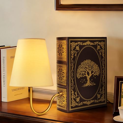 AELS Vintage Bookshelf Lamp with Bulb, Table Lamp with Linen Shade, 3-Color Dimmable Touch Control, Modern Farmhouse, Book Sconce for Office Home Bedroom Bookshelf, Tree of Life Brown & Gold - color: Tree of Life Brown, size: Plug-in Model
