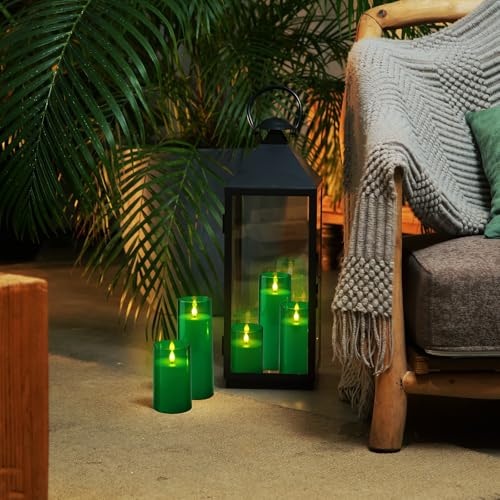 Homemory Green Flickering Flameless Candles, Battery Operated Acrylic LED Pillar Candles with Remote Control and Timer, Set of 5, St. Patrick's Day - color: Green