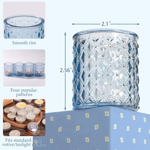 LETINE 16 Pcs Blue Votive Candle Holders, 4 Assorted Patterns Glass Tea Light Candle Holders for Table Centerpieces, Ideal for Spring Summer Wedding Table Centerpieces, Valentine's Day & Parties - color: Blue