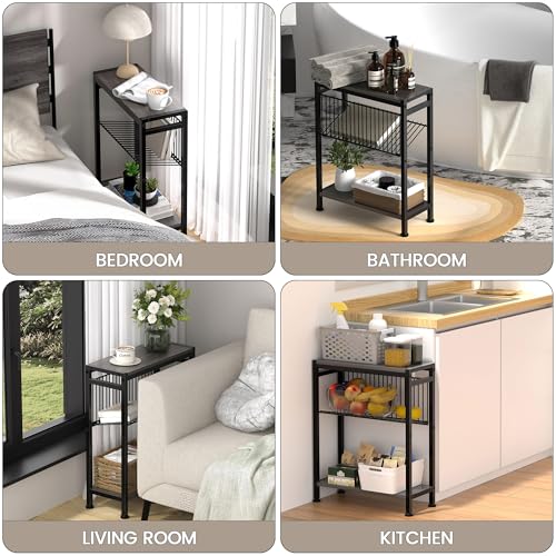 End Table for Small Space, 3-Tier Narrow Side Table with Magazine Holder,Slim Nightstand, Skinny Snack Couch Table in Living Room, Bedroom Study and Balcony (Grey) - color: Grey