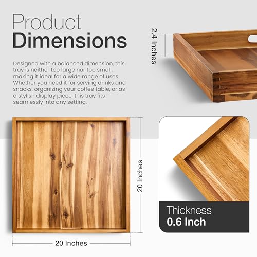 TIDITA 20 x 20 inch Square Wooden Ottoman Tray – Large Wooden Tray for Ottoman, Extra Large Ottoman Tray for Living Room, Coffee Table & Decorative Use (Acacia Color) - color: Acacia, size: 20" x 20" x 2.4"