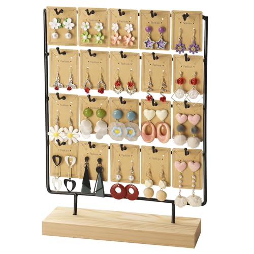 Earring Stand Display for Selling, Wood Earring Rack Tower Display Holder Stand with Card (4 Tier,20 Hooks, Black) - color: Black