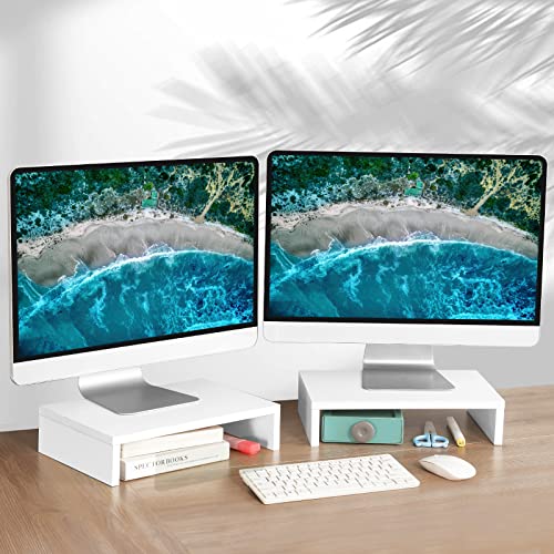 TEAMIX White Monitor Stand Riser - 2 Pack, Wood 2 Tier Adjustable Dual Monitor Riser for Laptop/PC Computer Stand for Desk - color: White