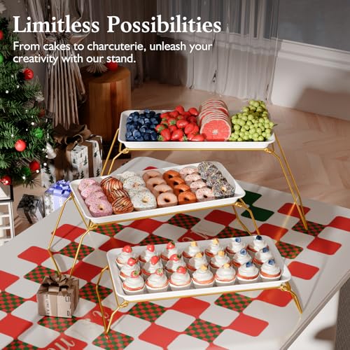 Extra Large 3-Tier Melamine Serving Tray Set and Cupcake Stand for Party Events, 17" Platters with Tiered Stand, Holds 63 Cupcakes, Food, Dessert, and Fruit, 24K Gold-Plated - color: Gold, size: 17" x 8.7"