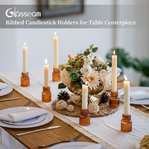 Glasseam Glass Tapered Candlestick Holders: Amber Ribbed Set of 2 for Table Centerpiece, Fall Decor, Christmas Party, Halloween, Thanksgiving - color: Amber