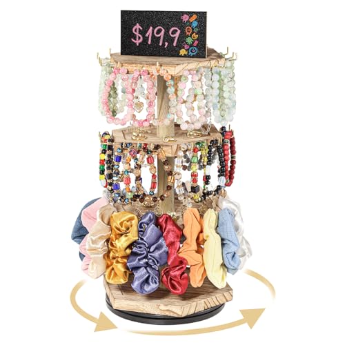 LadyRosian 3-Tier Wooden Rotating Jewelry Display Stand | Bracelet & Keychain Organizer with Advertising Board | 54 Hooks Rustic Holder for Vendor Booth & Stores (3-Tier Round Hexagon) - color: 3-Tier Sleek Round Organizer
