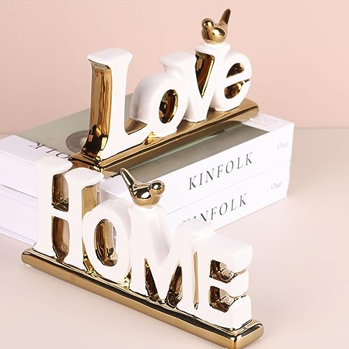 White and Gold Decor Statue - Home and Love Sign Decoration - Gold Bird with Home Sculpture - Figurine Decorative Ornaments for Living Room, Bedroom, Desktop, Cabinets - color: White+gold, style: 2 Pcs