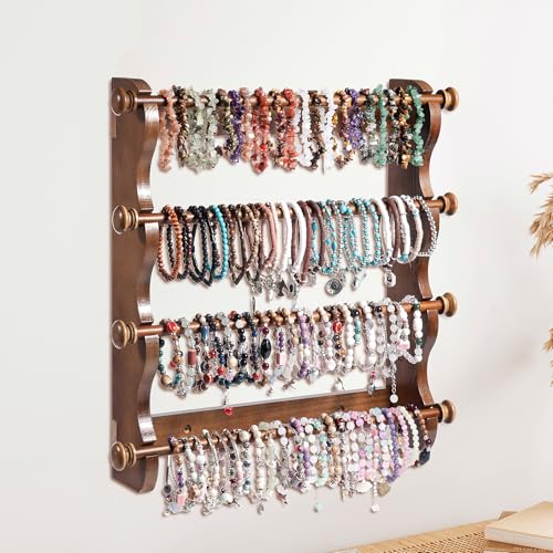 4 Tier Wooden Bracelet Holder Wall-Mounted, Bangle Watch Necklace Display Storage Antique Bracelet Display Jewelry Holder Display Organizer, Brown 4 Tier Wooden Bracelet Holder - style: 4 Tier Wall Monuted
