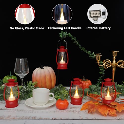 12Pcs Red Mini Lanterns for Centerpiece – Vintage Lantern Decor for Christmas, Halloween, Weddings & Western Party – Hanging Ornaments Bulk with Flicker LED Candle for Cowgirl, Camping Decor - color: Pure Red-12pcs