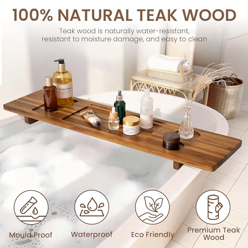 Teak Bathtub Tray - Wood Bath Caddy Tray 35" for Large Tubs - Adjustable Bathtub Table Trays - Luxury Shower Organizer for Home Spa Relaxation and Reading - Light Walnut Color - color: Light Walnut-a, size: 35" x 9" x 2.4"