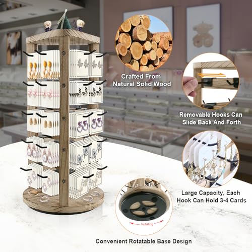 Wood Rotating Earring Display for Vendors, Wooden Jewelry Display for Vendors with 30 Removable Hooks 5 Tier Tabletop Necklace Display Stand Key Chain Display