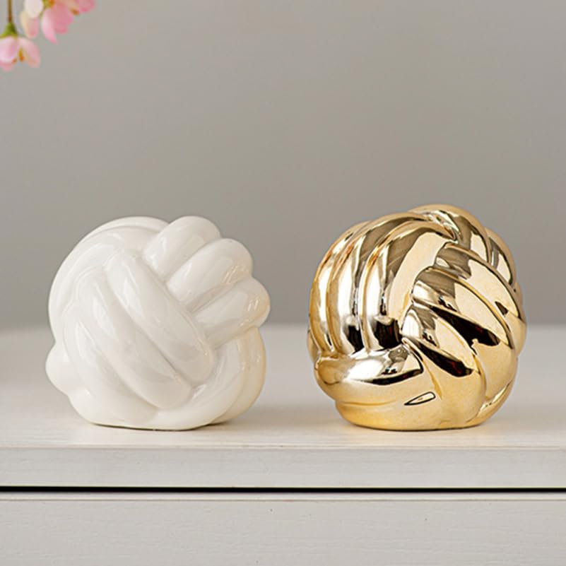 Cabilock Ceramic Thread Knot Ornament Nordic Style Home Decor Sculpture 3.34X3.14X3.14 Inch Textured Table Statue for Office Living Room Decoration - color: Golden