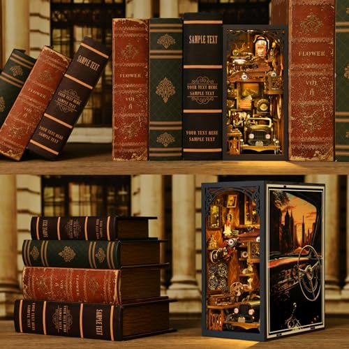 ETKVR Book Nook Kit, Book Nook Kits for Adults DIY Booknook Model Build, DIY 3D Wooden Puzzle Bookend Booknook Bookshelf Insert Miniature Dollhouse Kit for Home Decoration - style: Car Players