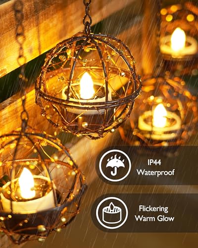 Homemory Solar Tea Lights Outdoor Waterproof Hanging Lanterns, Beaded Copper Wire Ball Holders with Solar Powered Tea Lights Candles, Ideal for Patio, Garden, Backyard, Pergola, Tree, Fence, 4-Pack - color: 4-Pack, Hanging Lanterns Solar Tealights