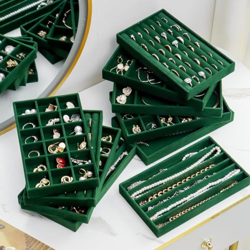 SPAKOWN Jewelry Drawer Organizer Inserts Set of 9, Jewelry Trays for Drawers Velvet Jewelry Organizer Tray Drawer Jewelry Organizers and Storage for Earring Ring Necklace Watch Bracelet (Green) - color: Green