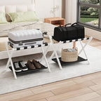 Smuxee White Bamboo Luggage Rack Pack of 2, Foldable Suitcase Stand with Storage Shelf, Easily Assembled Luggage Stand with 5 Nylon Straps for Guest Room Bedroom Hotel - color: White 2PCS