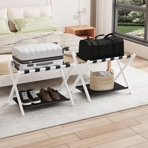Smuxee White Bamboo Luggage Rack Pack of 2, Foldable Suitcase Stand with Storage Shelf, Easily Assembled Luggage Stand with 5 Nylon Straps for Guest Room Bedroom Hotel - color: White 2PCS