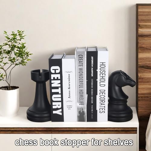 Chess Bookends Novelty Book Holders, Decorative Book Ends Modern Bookends Stoppers for Shelves, Black Heavy Duty Book Ends for Shelves Office Desk Decoration, Resin, 7" x 7"