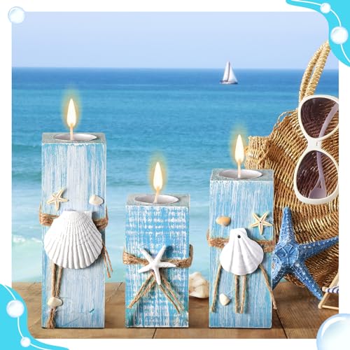 Suzile 3 Pcs Summer Ocean with Candles Tealight Candle Holders Decorations Wood Table Sign Starfish Scallop Tealight Marine Life Candlesticks for Table Centerpiece Tiered Tray Decor