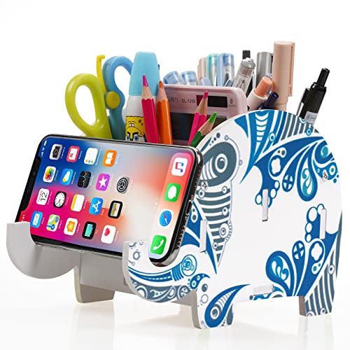 MOKANI Pen Pencil Holder for Desk Cute Elephant Gifts Desk Organizer Marker Makeup Brush Holders Workspace Organizers Office Decor Accessories with Phone Stand Christmas Gifts For Women Men Adults - color: C: Glacial Elephant