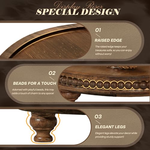 EOSAHR Beaded Round Display Riser for Room Decor – 3-Leg Wooden Pedestal Stand for Coffee Table, Cake Stand, Perfume & Vanity Organizer – Boho Home Decor for Living Room (Vintage Brown) - color: Vintage Brown