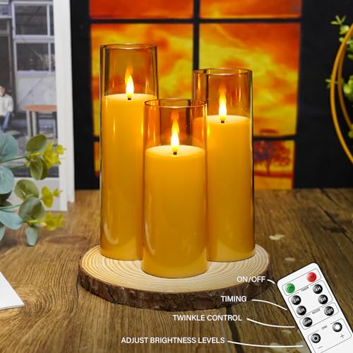kakoya Flickering Flameless Candles Battery Operated with Remote and 2/4/6/8 H Timer Acrylic Led Pillar Candles Pack of 9 (appr D2.3"xH5.5"6.5"7.5")with Realistic 3D Wick Candles for Home Decor(Gold) - color: Gold