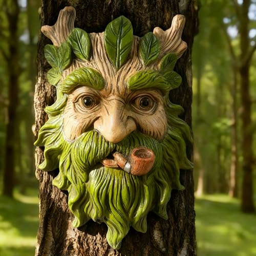 Teaeeno Whimsical Tree Face Garden Decoration, 11.8 in Tree Faces Decor Outdoor Wallmounted Statue Art with Leaf Features, Outdoor Decor Garden Accessory (Nature and Outdoors) - color: Clear
