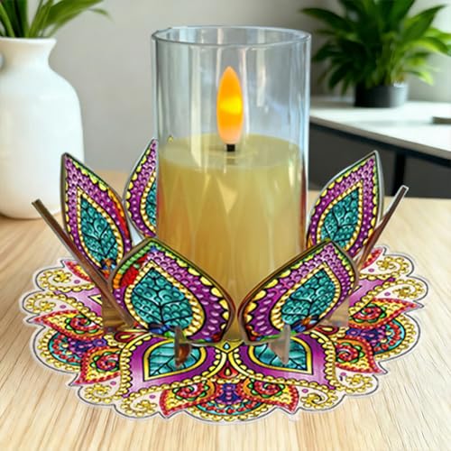 DIY Diamond Art Painting Candlestick Holders 5.71in Mandala Flower Shape Desk Candle Tray Tabletop Ornaments for Wedding Ramadan Party Home Table Centerpiece-Mandala02 - color: Mandala02