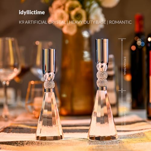 Candle Holder Crystal K9 Heavy Base for Table Decorations Christmas Party Wedding Halloween Décor Set of 2 (Silver) - color: Silver